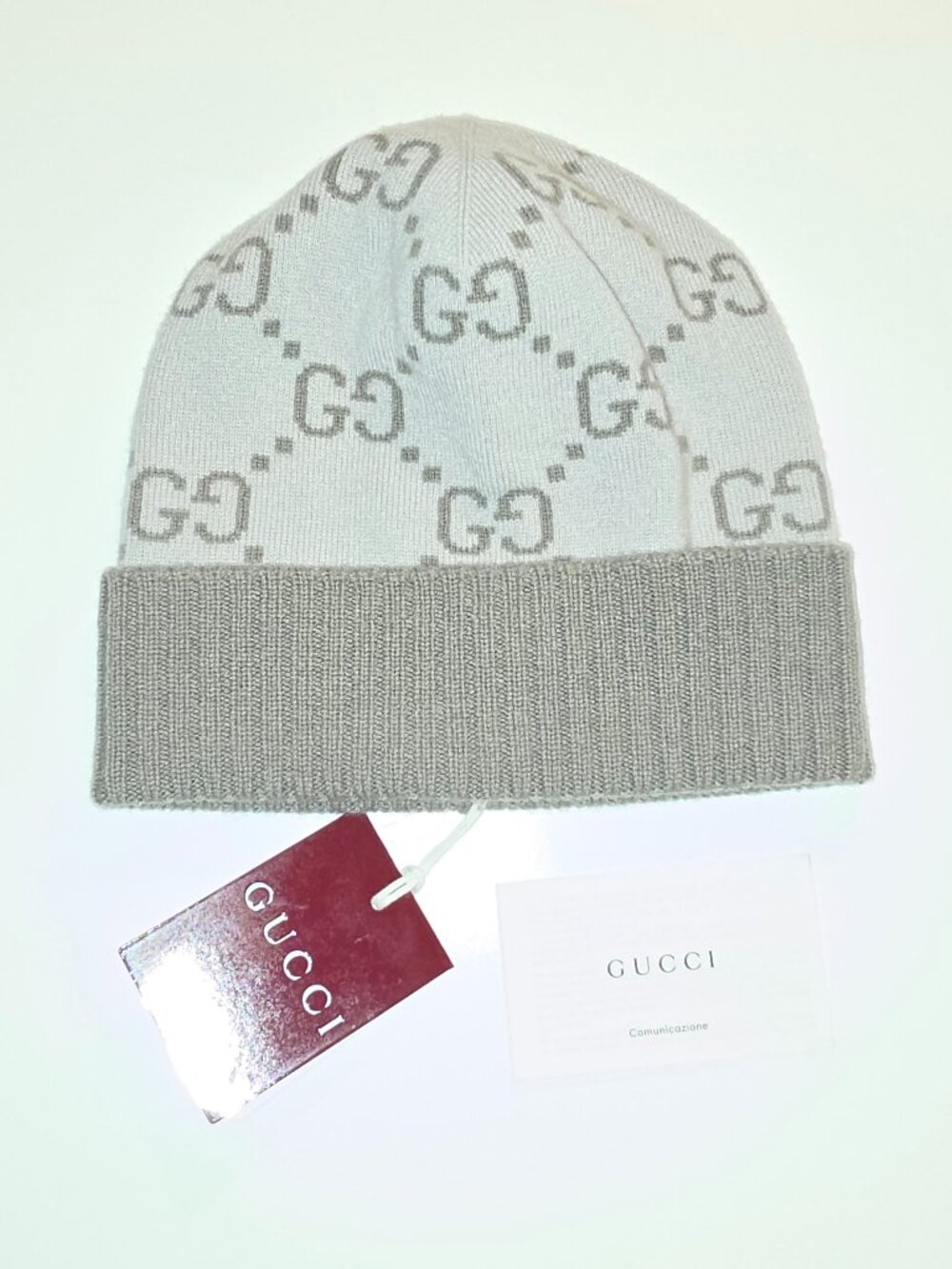 GUCCI GG Cashmere Hat - Variation Ivory and Light Grey - Unisex